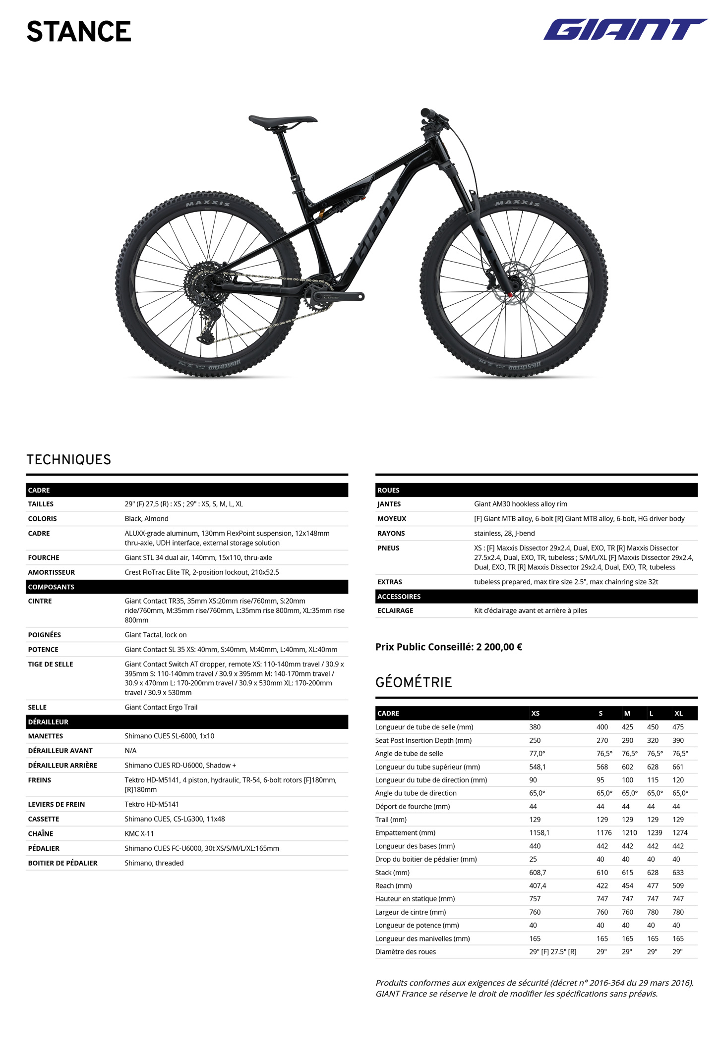 Fiche technique du velo Stance année 2027